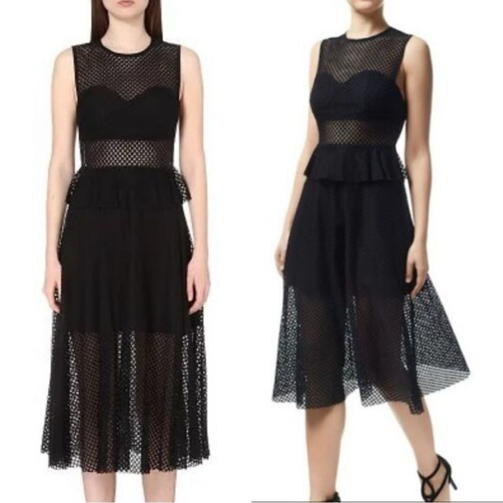 Sandro Midi Black Dress Rich Mesh Cut Out Size L